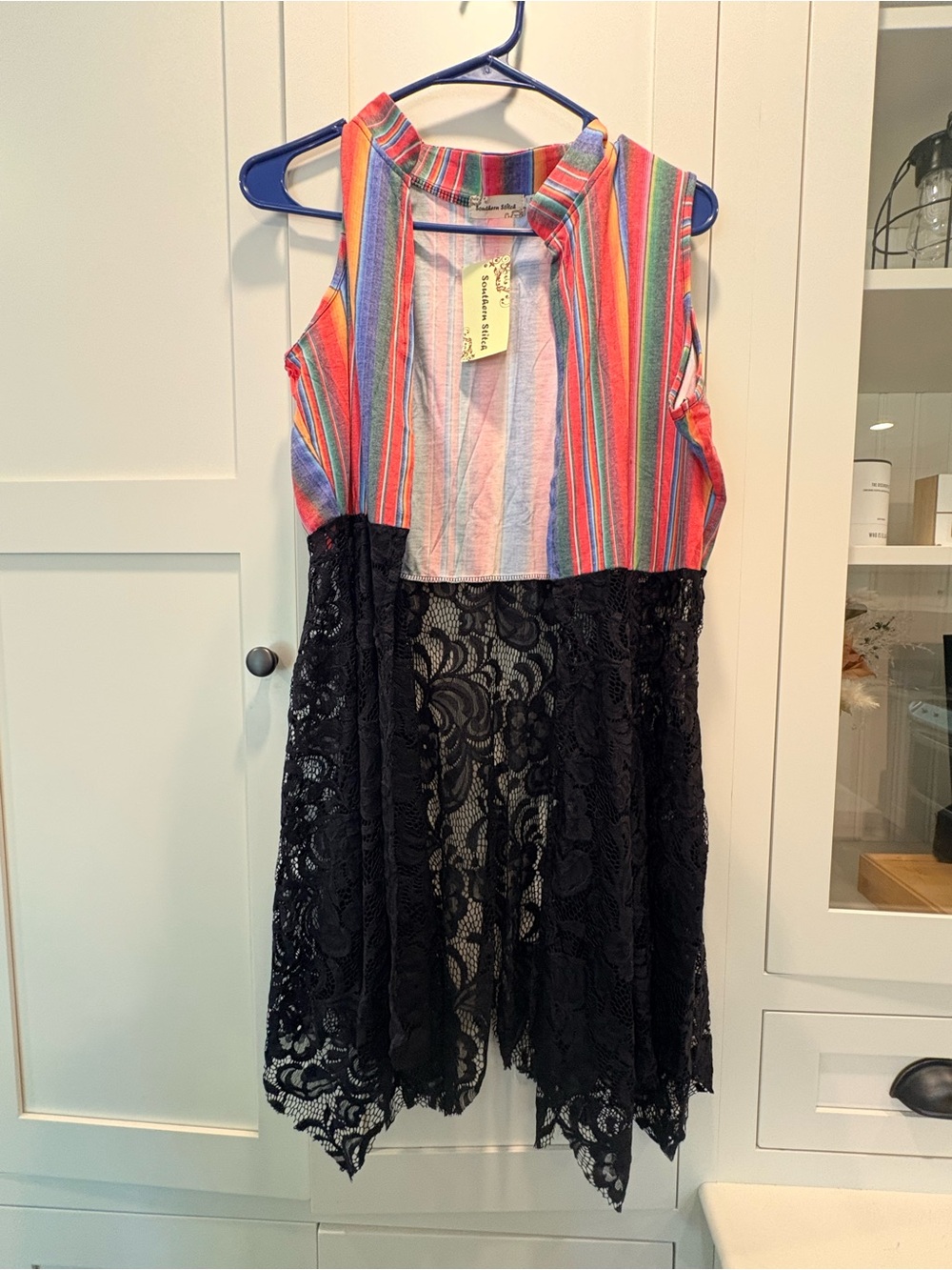 Sleeveless Multicolor Striped Duster/ Coverup with Black Lace Overlay
